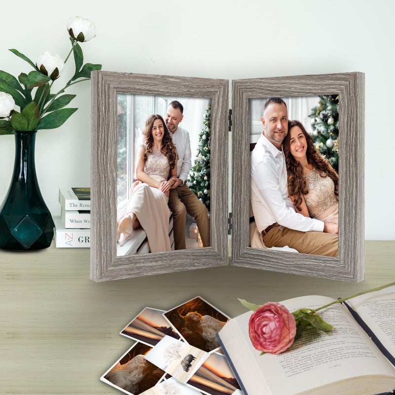 Frametory, 5x7 Double Picture Frame - Real Glass Hinged 2 Photos Collage, Desktop Picture Frame Standing Vertical (Grey, 1 Pack) - Image 3